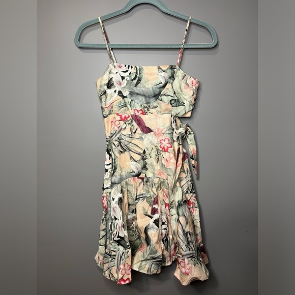 Guess Pink Floral Spaghetti Strap Smocked Sophie Linen Cut-Out Mini Dress Size 0 - Picture 1 of 6